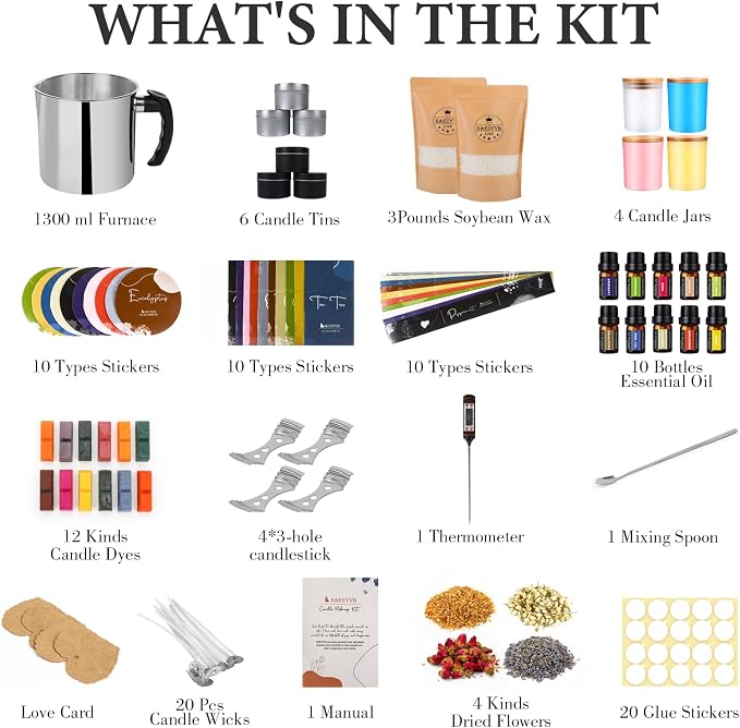 SAEUYVB Candle Making Kit - DIY Starter Soy Candle Making Supplies/Kit - Soy Wax, 10 Jars & Tins, 10 Pleasant Scents, Color Dyes & More，Perfect Candle Making Kit for Adults