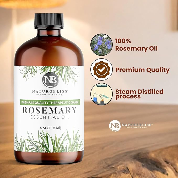 NaturoBliss 100% Pure Rosemary Essential Oil Therapeutic Grade Premium Quality (4 fl. oz) with Glass Dropper, Perfect for Aromatherapy