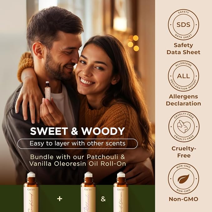 Gya Labs Sandalwood Essential Oil Roll On - 0.34 Fl Oz - Travel Size Roller for Camping, Skin, Aromatherapy Relief, Convenience