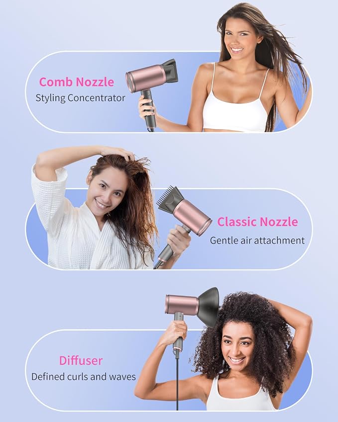 Foldable Portable Ionic Hair Dryer 1600W - Compact Mini Blow Dryer with Diffuser, Concentrator & Comb Nozzle, Intelligent Temperature Control, Low Noise for Home, Salon & Travel (PinkGrey)