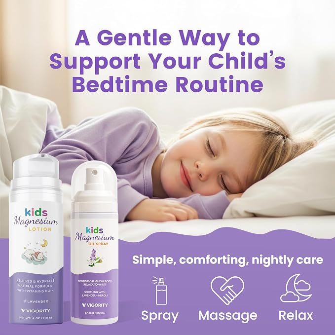 Kids Magnesium Lotion & Magnesium Sleep Spray Set - Calming Lavender Magnesium Oil Spray for Kids Bedtime + Soothing Body Lotion for Nighttime Legs & Feet Comfort, Aromatherapy Lavender & Neroli
