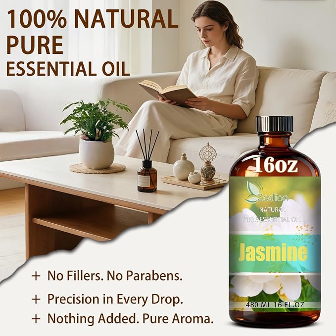 Jasmine Essential Oil - Jasmine Fragrance Oil for Diffuser, Massage, Humidifier, DIY Candle, Soap Making, Home, Bath, Yoga - 16 fl oz (480ml) - ZODION Essential Oils