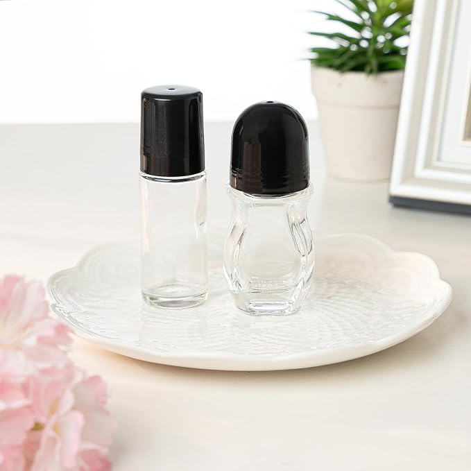 2 PCS Empty Glass Roller Bottles Plastic Roller Ball,Deodorant Roll On Bottles for Essential Oils, Perfume, Cosmetics （30ml ） (1Round 1Oval)