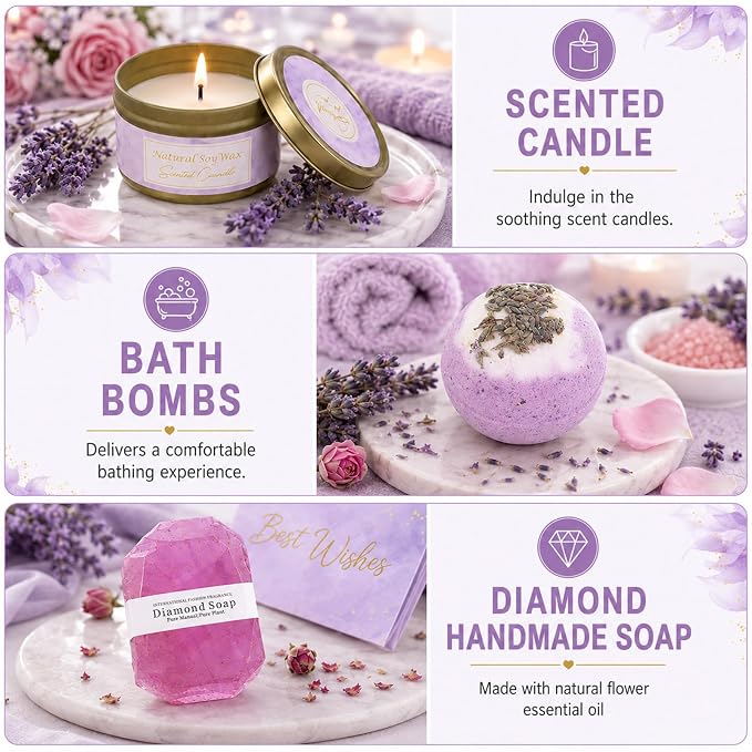 gisgfim 14Pcs Birthday Gifts for Women Spa Gift Basket Set Relaxing Home Products Self Care Kit Includes Mirror Socks Steamers Bath Robe for Women Mother's Day Her Friend Sister Wife Grandma (Purple)
