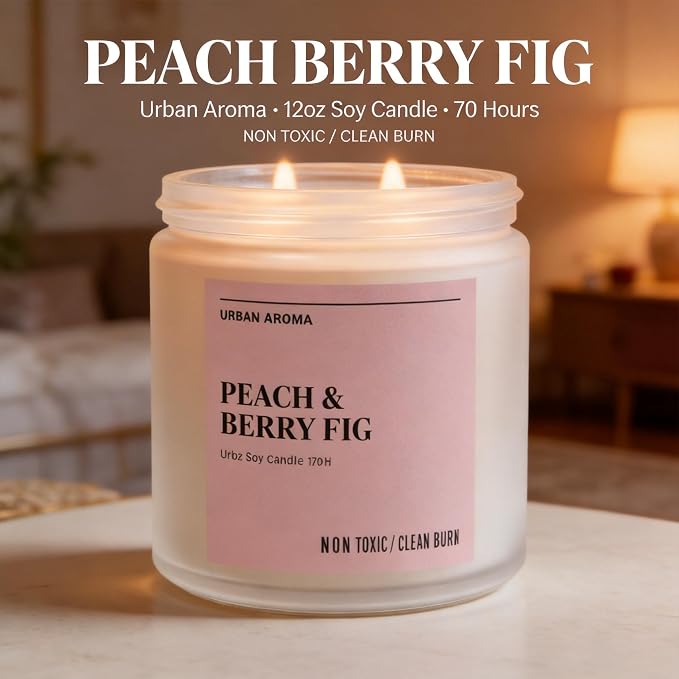 Hidden Label Peach Berry Fig Soy Candle, 12oz 2-Wick, 70H Fruity Warmth | Non-Toxic Natural Wax, Paraben & Phthalate-Free, Clean Burn | Elegant Home Decor & Gift-Ready | Stress Relief & Mood Uplift