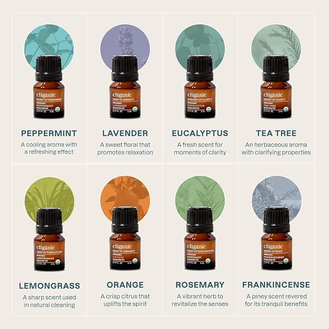 Cliganic Organic Aromatherapy Essential Oils Gift Set (Top 8), 100% Pure - Peppermint, Lavender, Eucalyptus, Tea Tree, Lemongrass, Rosemary, Frankincense & Orange