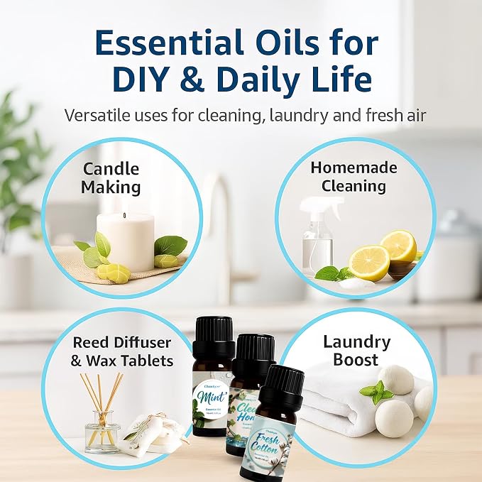 Clean Essential Oils Set 6x10ml-Fresh Linen,Mint,Clean Home,Silken Breeze,Fresh Cotton,Floral Soap for Diffuser,Home Fragrance