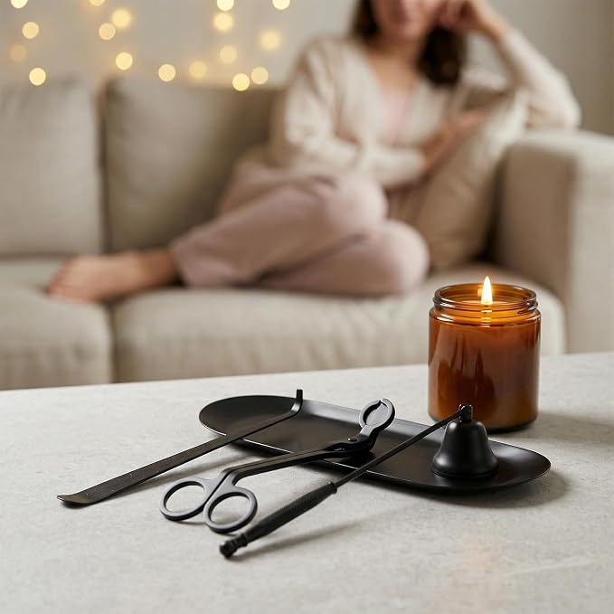 tifanso 4-in-1 Candle Care Kit with Wick Trimmer Cutter, Extinguisher Snuffer, Dipper and Storage Tray Plate, Stainless Steel Wick Scissors Accessories with Gift Package for Candle Lovers (Black)