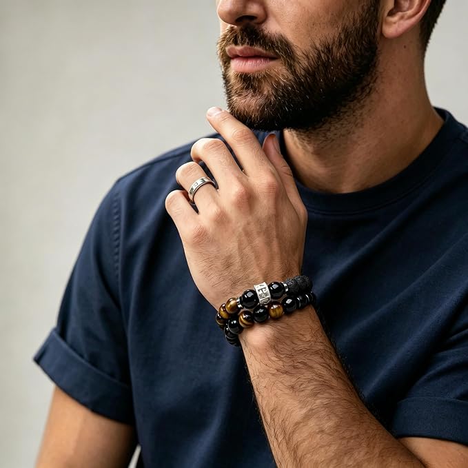 Beaded Bracelets for Men, Cross Hematite Bracelet Set, 8MM Tiger Eye Black Obsidian Lava Rock Essential Oil Diffuser Bracelet for Him(Cross Obsidian)