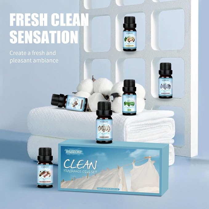 WUSEONY Clean Fragrance Oils Set, Premium Essential Oils for Diffuser for Home, Scented Oil for Soap & Candle Making Scents - Lemongrass, Aloe, Blossom Soap, Fresh Linen, Soft Powder, Cool Cotton