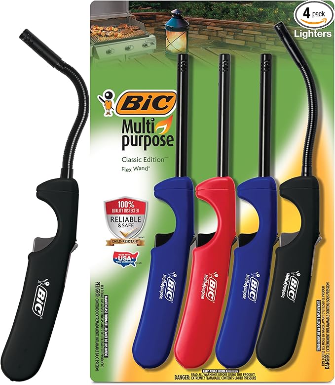 BIC Multi-purpose Classic and Flex Lighters, Reliable and Safe Candle and Grill Lighter, Assorted Colors, 4-Pack (Colors May Vary)