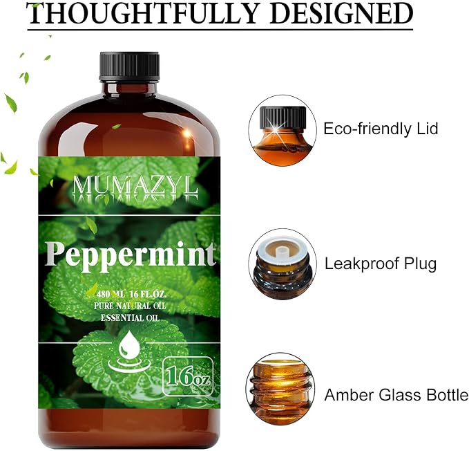 Peppermint Essential Oil, Peppermint Oil 16 Fl Oz 480ML for Diffuser Humidifier Yoga Cleaning DIY Candle Soap Making MUMAZYL Essential Oils