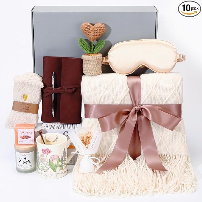 Birthday Gifts for Women,Spa Relaxation Gift Basket for Women - Self Care Package with Plush Throw Blanket, Scented Candle, Inspirational Mug & Journal for Stress Relief, Get Well Soon