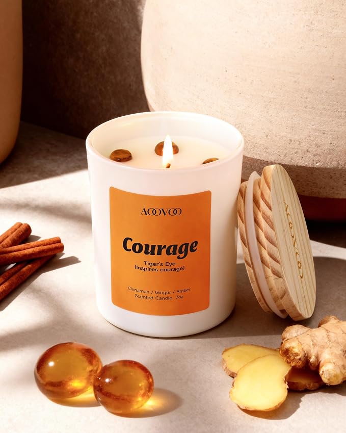 AOOVOO Empower Candles Set for Women - 4 Pack Candles for Home Scented, 28 oz 200 Hour Burn, Aromatherapy Candle with Crystals, Freedom Turquoise/Confidence Citrine/Strength Carnelian/Courage