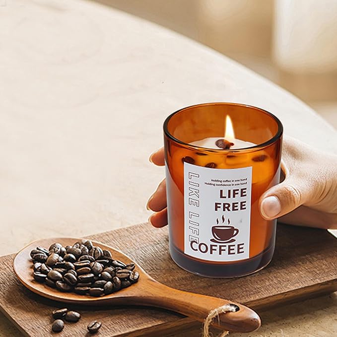 Natural Coffee Scented Candle in Orange Glass,Real Beans Inside! Smokeless Soy Wax Aroma Candle Gift for Coffee Lovers,Home Bedroom Decor,Wedding Props,Aromatherapy Must-Have