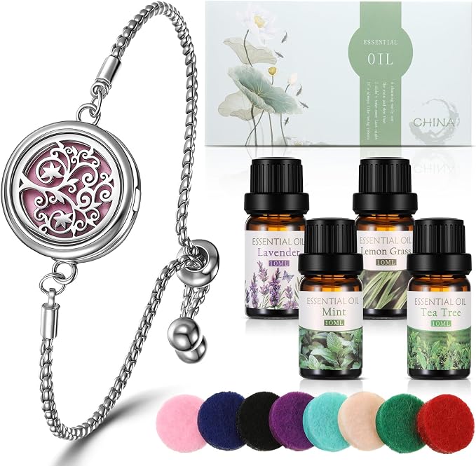 Liliaafar Aromatherapy Essential Oil Diffuser Bracelet with 8 Pcs Refill Pads and 4 Tea Tree Lavender Lemongrass Peppermint for Teacher Employee Women Ister Wife Birthday Favor Gifts