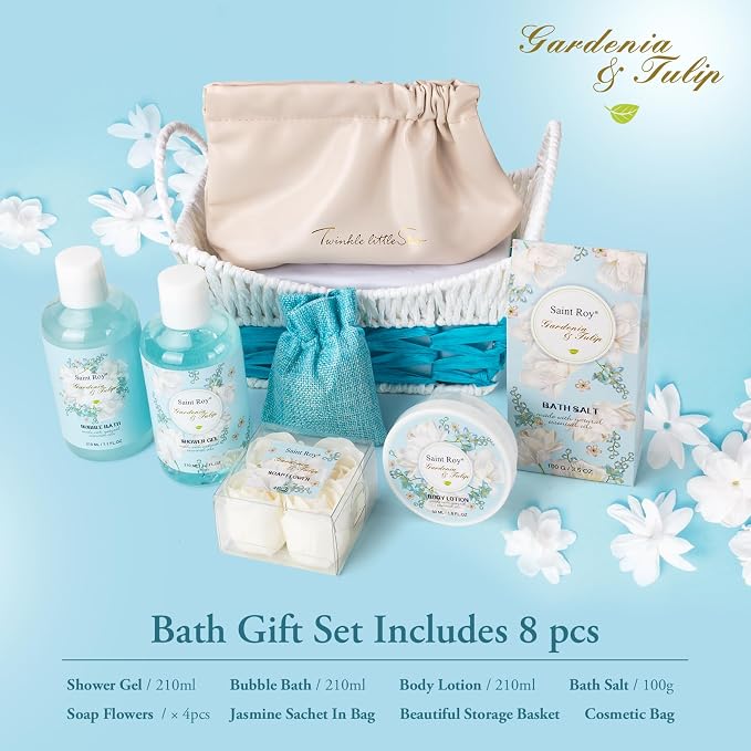 Gardenia Tulip Spa kit for women, Spa Gift Set, Bath & Body Gift Basket | Gifts for Mom Spa Gift Set, Self-Care Relaxation Gift, Home Spa Kit w/ Wallet, Birthday, Christmas, Mother Day, Anniversary