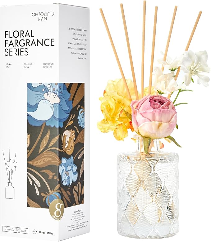 Amber Reéd diffuser, 6.7 oz Natural Essential Scented Oil, Pink Yellow and White Flowers Reéd Diffuser Sticks, Bathroom, Home & Office Decor, Preppy Room Decor, Amber Diffuser Oil Gift Set