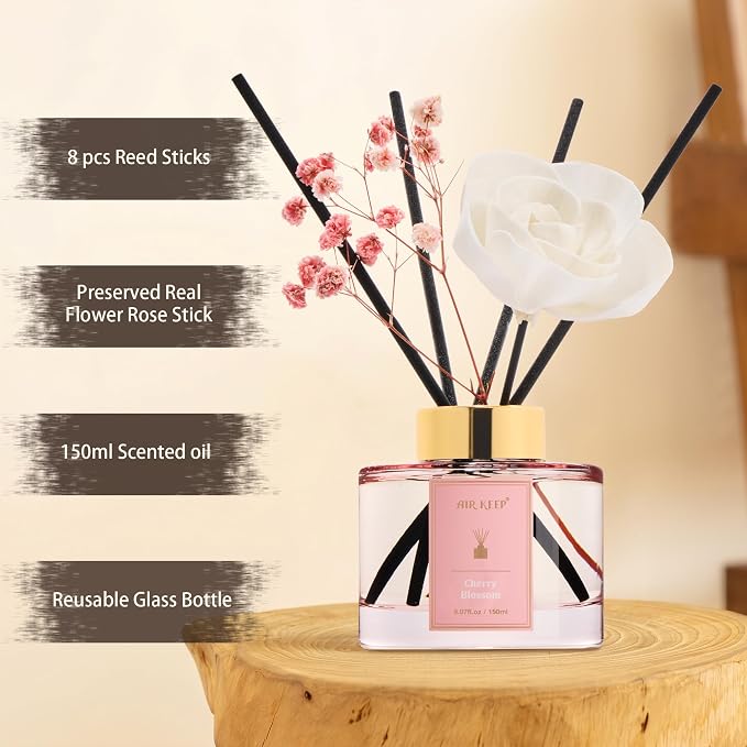 Airkeep Flower Reed Diffuser Set, Cherry Blossom Diffuser Set, 5.07 Fl.oz (150ml), Home Fragrance, Bathroom, Bedroom & Home Décor, Air Freshener