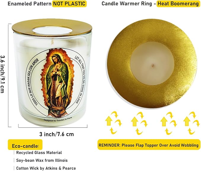 Lady Guadalupe Rose Scented Candle 50 Hours with Warmer Ring│Hand-Poured Natural Soy Wax│Universal Mother, Love, Patroness, Devotee, Blessing, Family Unity│Design in Paris│3“×3.6”