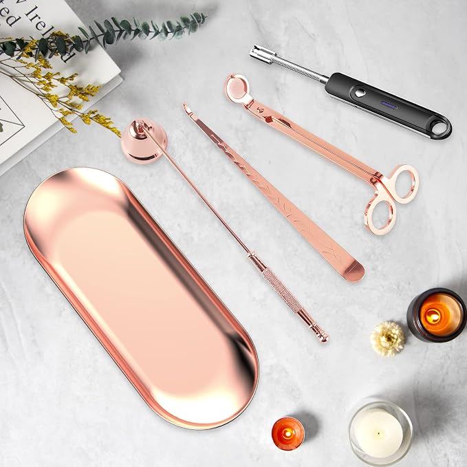 5Pcs Accessory Set with Rechargeable Electric Lighter, Storage Tray, Wick Trimmer, Snuffer, Dipper, Stainless Steel Care Kit Gift Package for Candle Lover Rose Gold