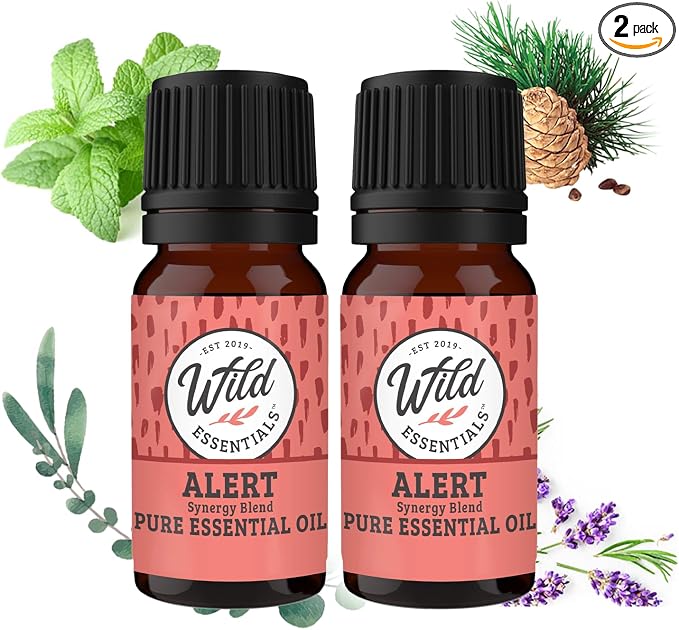Wild Essentials Alert 100% Pure Essential Oil Synergy Blend 2 Pack - 10ml, Therapeutic Grade - Keeps You Awake, Sharp and Energized with a Fresh, Clean and Uplifting Aroma, Made in the USA