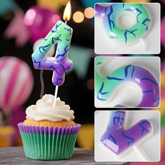 Number 4 Birthday Candle for Cake – Purple Green Gradient Number Candle with Mystic Rune Pattern, Decorative Cake Topper for Anniversary & Celebration