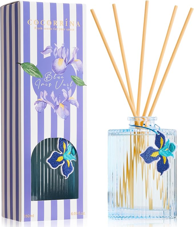 COCORRÍNA Reed Diffuser, Blue Iris Scent Flower Diffuser, 6.09 fl oz, 8 Reeds, Long-Lasting Home Fragrance, Bathroom Bedroom Shelf Decor & Gifts