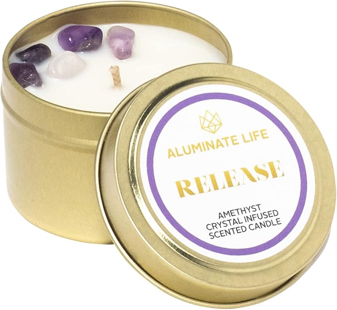 Luxury Candle Tin, 4 OZ, Release, Amethyst Crystal Infused - Scents of Lavender, Bergamot, & Frankincense - Valentine's Day Gift - Coconut Wax, Essential Oils, Dr. Developed