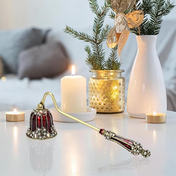 Decorative Candle Snuffer, Red and Gold Tone with Rhinestone Accents, Zinc Alloy and Resin, 6.69x2.35x1.55 Inch (Red)