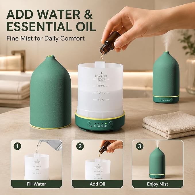 Gooamp 200ML Ceramic Essential Oil Diffuser - Ultrasonic Aromatherapy & Humidifier with 7-Color LED Lights, Auto Shut-Off, Green, 1H/3H/6H Timer | Scent for Home, Office, Yoga