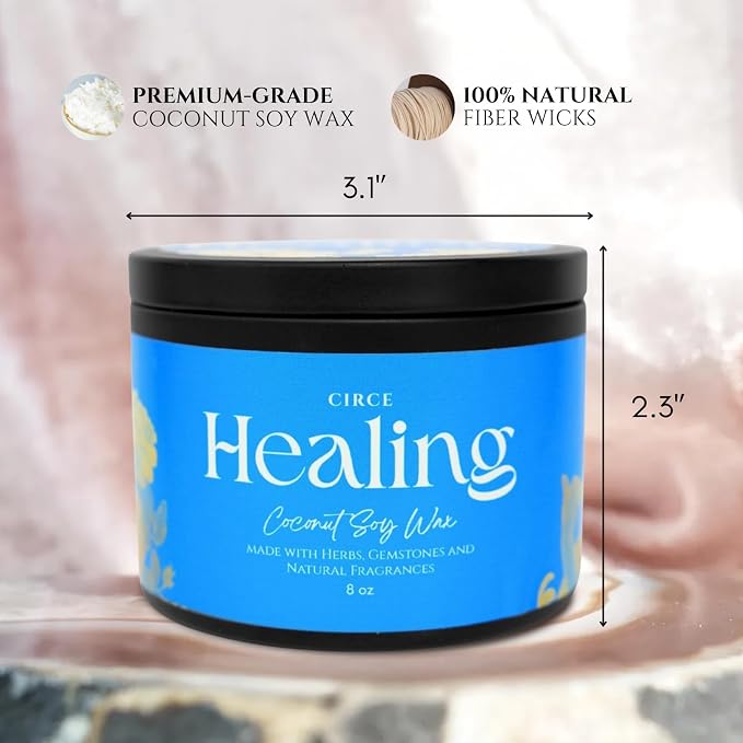Circe Spell Candle “Healing” Coconut Soy Wax Candle Jar – Premium Hand Poured & Long Burning – Herbs, Crystals & Natural Fragrance Oils- Emotional & Physical Renewal - Calming, Self Care, Gift- 8oz