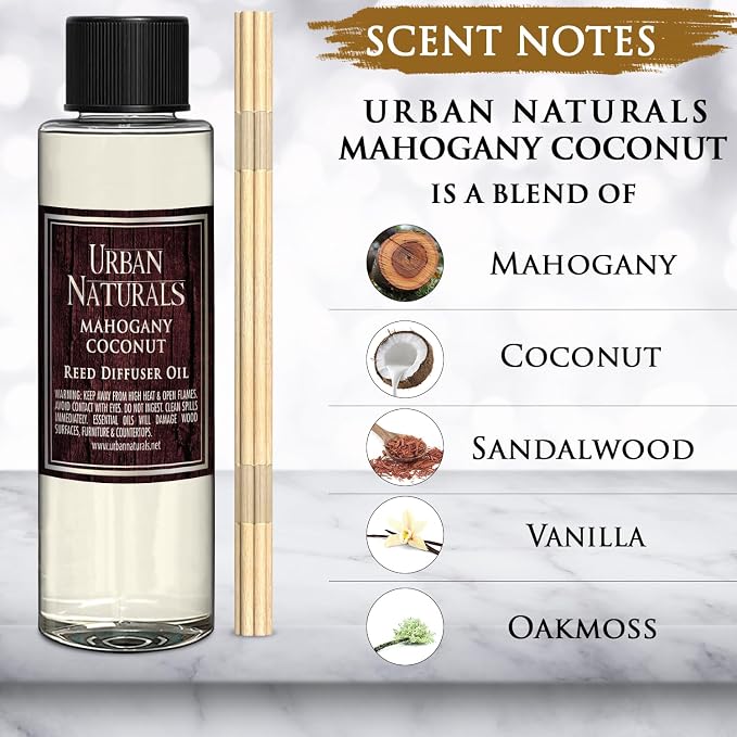 Urban Naturals Reed Diffuser Oil Refill, Mahogany Coconut Diffuser Oils with Sandalwood, Coconut, Oakmoss, 4 oz + Free Reed Sticks, Made in the USA