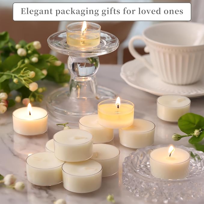DEVI Jasmine Highly Scented Tea Lights Candles 48 Pack, 5-6 Hours Natural Palm Tea Candles for Home Scented, Small Tealight Votives with Essential Oils
