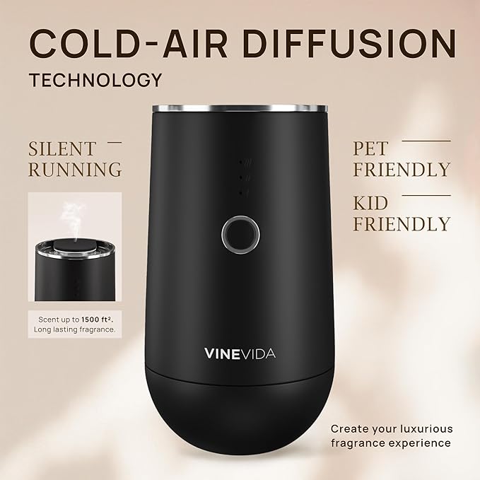 VINEVIDA Waterless Diffuser - Essential Oil Diffuser for Home - Black Scent Diffuser for Home, Battery Operated Aromatherapy Diffuser - Car, Room Fragrance Air Diffuser