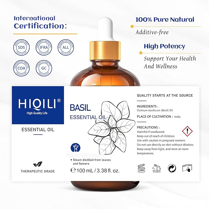HIQILI Basil Essential Oil, Diffuser in Bedroom, Yoga, Mediation for Calming Relaxation Mood, Hair Growth, Body Massage, DIY Sweet Herbal Scented Soap Gifts- 100ML