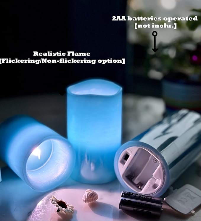 Adoria Blue Flameless Candles Set of 3- Real Wax Pillar Candles Battery Operated with Remote and Timer - Dia 3" XH4/5/6“，Ocean Scent,Color Changing for Home Decor. Wedding,Camping, Party
