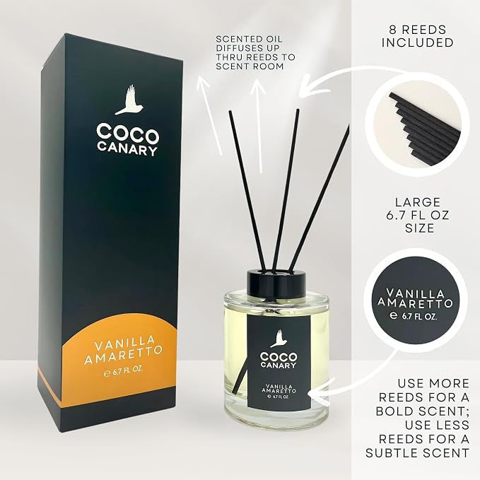 Coco Canary 6.7 oz Reed Diffusers for Home, Vanilla Amaretto Scent, Long-Lasting Warm Scent, Creamy Vanilla & Nutty Amaretto, Coastal Elegance