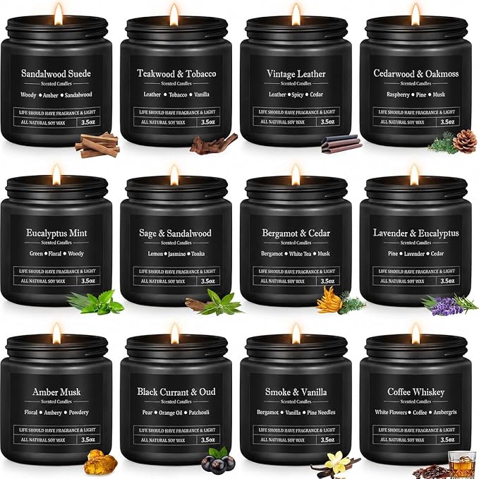 YMing 12 Pack Scented Candles for Men, Masculine Soy Candle Gift Set, 3.5 oz Each, Woody Leather Tobacco Coffee & Amber Scents, Gifts for Men Dad Husband Boyfriend