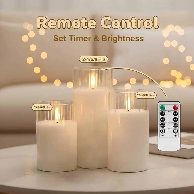 ANGELLOONG White Flameless Candles with Timer, Glass LED Pillar Candle with Remote, Set of 3 Battery Operated Candles for Bathtub Bathroom Coffee Table Decor