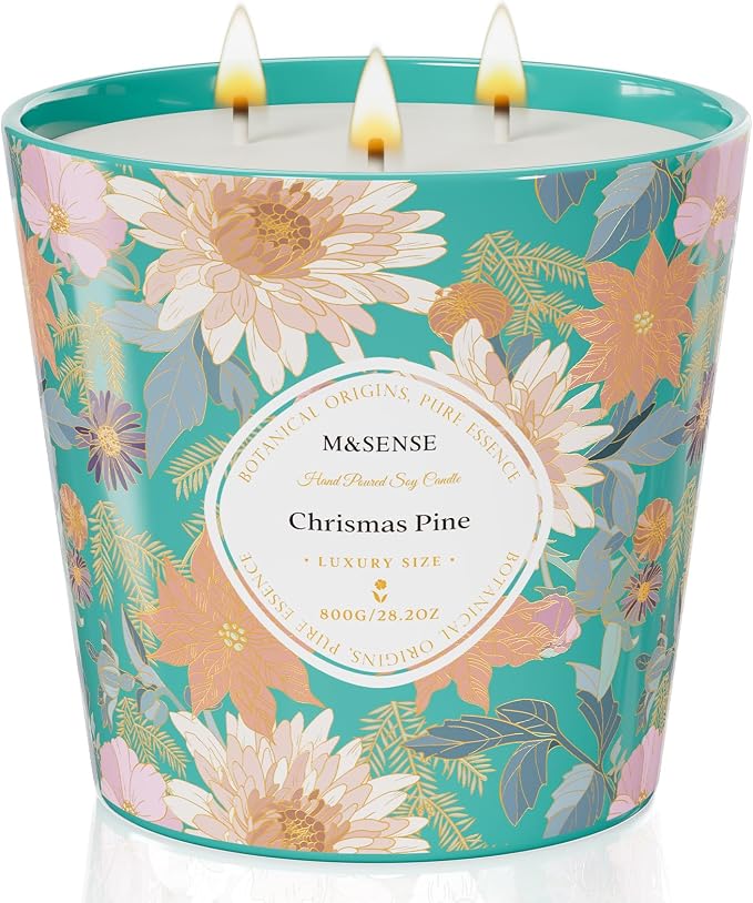 M&SENSE Christmas Pine Scented Candle, 28.2oz 3 Wick Natural Soy Wax Large Candles, Long Lasting Clean Slow Burning No Toxic Décor for Women Men, Romantic Dates & Gift-Giving
