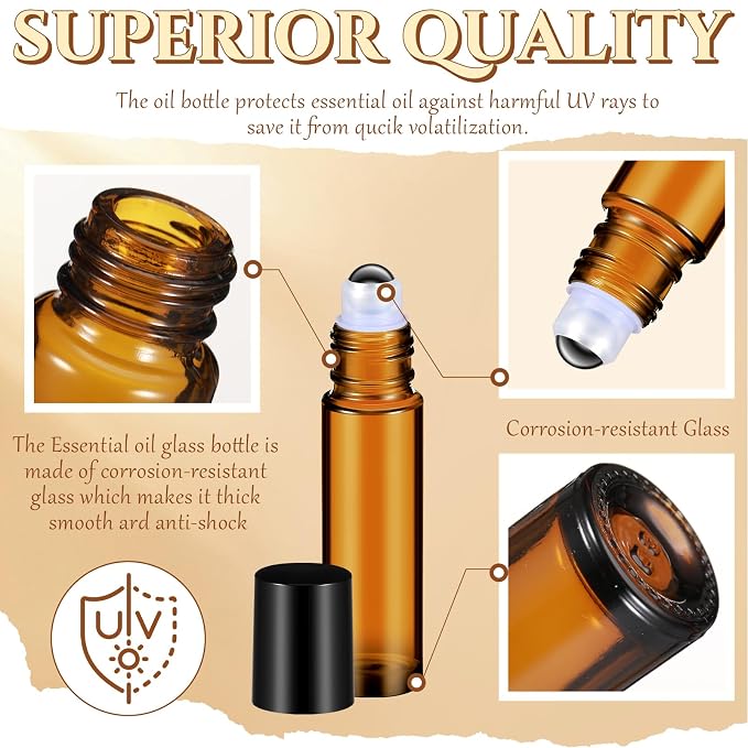 Domensi 30 Pcs Essential Oil Bottles, 10 ml Glass Bottle with Stainless Steel Roller Ball and Cap for Travel, Perfume, Lip Balm, 2 Funnels, 0.5 ml Dropper(Amber)