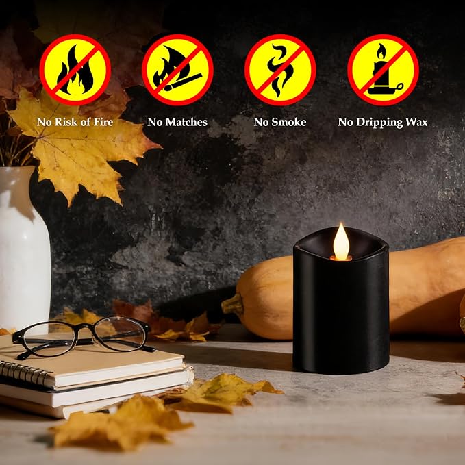 Black Flameless LED Candles - 3" x 4" Real Wax, Battery Operated with Remote Timer, 3D Flickering, Lasts 600+ Hours, Halloween & Christmas Deco (Black, 3"*4"-1pcs)