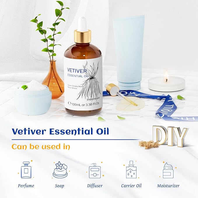 HIQILI 100ML Vetiver Essential Oil, for Diffuser Calm and Relation- 3.38 Fl Oz