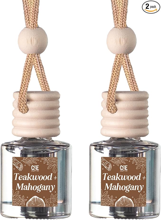 C&E Craft Co Hanging Car Air Freshener Diffuser 2 Pack, Long Lasting Fragrance Oil Car Freshener, Glass Bottle Auto Air Freshener, Made in USA (Teakwood + Mahogany)