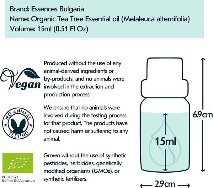 Essences Bulgaria Organic Tea Tree Essential Oil 0.51Fl Oz 15ml Melaleuca Alternifolia - 100% Pure and Natural Undiluted for Toenail Fungus, Dandruff Itchy Scalp Acne Skincare Aromatherapy Diffuser