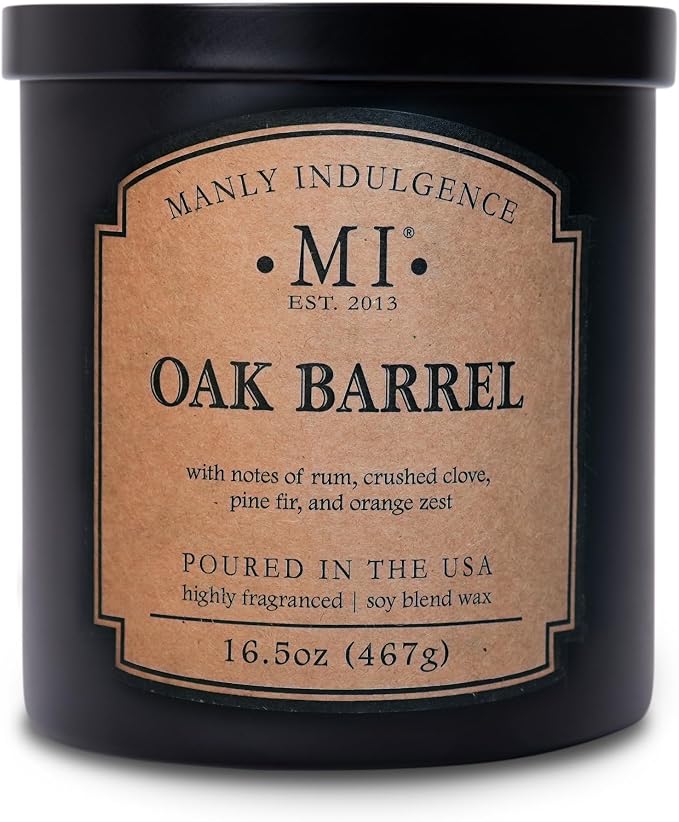 Manly Indulgence Oak Barrel Candles for Men, 2 Wick, 16.5 oz, Premium Soy Blend Wax, 60H Burn, Candles for Home Scented - Made in The USA