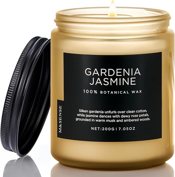 M&SENSE Gardenia Jasmine Scented Candles, 7.05oz Natural Soy Wax, Clean Non Toxic, 50 Hours Slow Burning Floral Scented Aromatherapy Candle for Housewarming Gifts Bath & Office