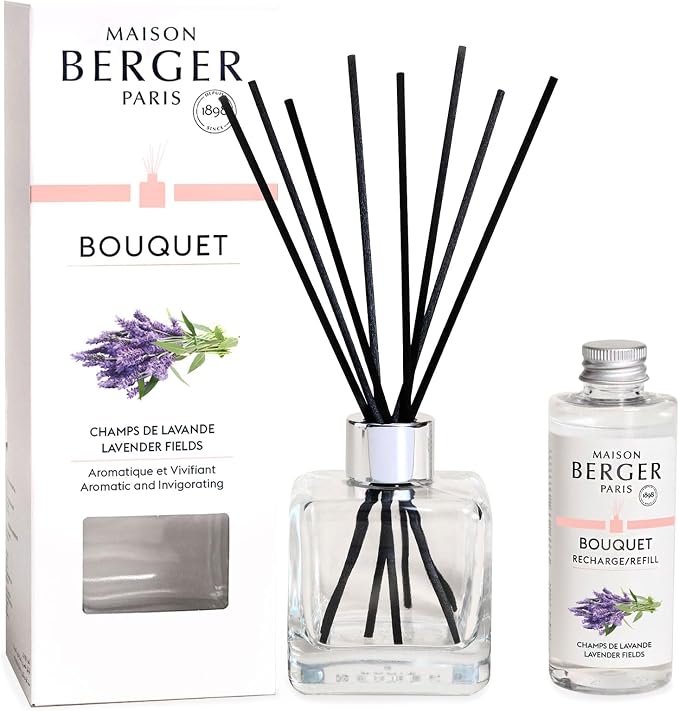 MAISON BERGER Reed Diffuser Bouquet, 100 ml, Lavender Fields | Clear Glass Bottle, 8 Reed Sticks, 100 ml Refill, Up to 6-Week Passive Diffusion, No Flame, Made in France