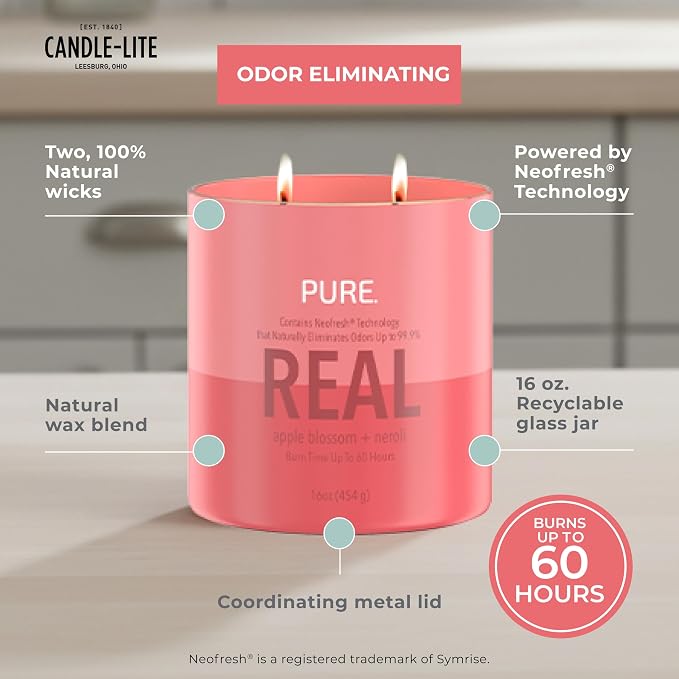 Candle-Lite Pure Apple Blossom & Neroli Odor Eliminating Scented Candles, Neofresh Technology Eliminates 99.9% of Odors, 16 oz 2-Wick Jar, Proudly Poured in The USA, Up to 60 Hours Burn Time